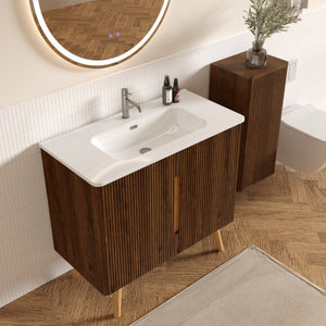 English Elm Etna Striped Walnut Freestanding Bathroom Vanity Glossy Ceramic Sink Modern Storage W1865S00258