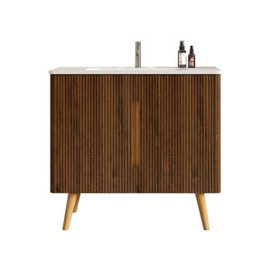 English Elm Etna Striped Walnut Freestanding Bathroom Vanity Glossy Ceramic Sink Modern Storage W1865S00258