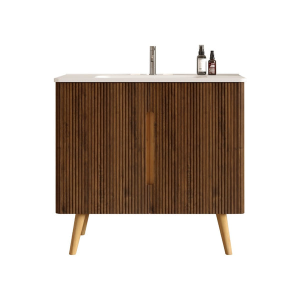 English Elm Etna Striped Walnut Freestanding Bathroom Vanity Glossy Ceramic Sink Modern Storage W1865S00258