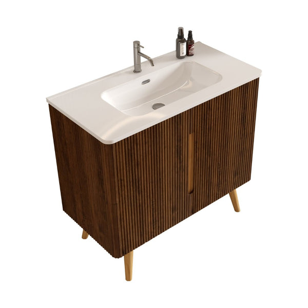 English Elm Etna Striped Walnut Freestanding Bathroom Vanity Glossy Ceramic Sink Modern Storage W1865S00258