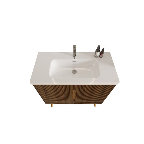English Elm Etna Striped Walnut Freestanding Bathroom Vanity Glossy Ceramic Sink Modern Storage W1865S00258
