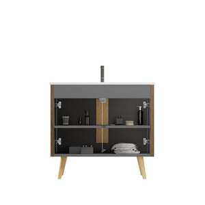 English Elm Etna Striped Walnut Freestanding Bathroom Vanity Glossy Ceramic Sink Modern Storage W1865S00258