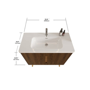 English Elm Etna Striped Walnut Freestanding Bathroom Vanity Glossy Ceramic Sink Modern Storage W1865S00258
