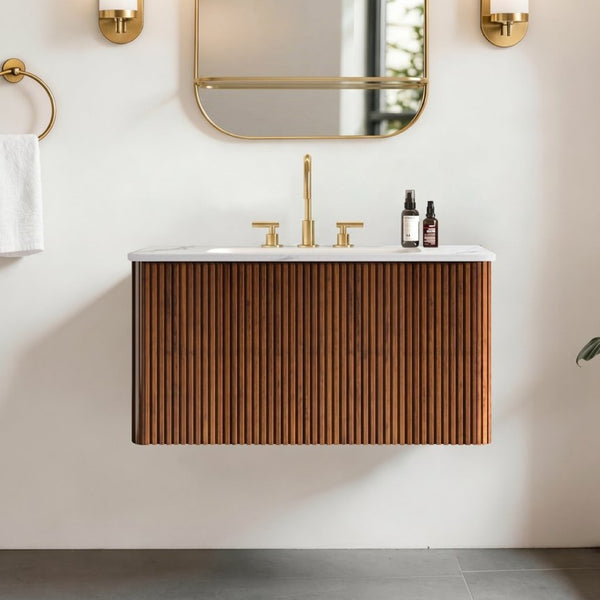 English Elm Etna Floating Wall Mounted Bathroom Vanity Walnut Grain Ceramic Sink Modern Bath W1865S00259