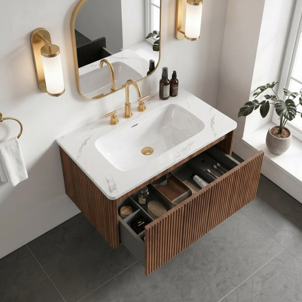 English Elm Etna Floating Wall Mounted Bathroom Vanity Walnut Grain Ceramic Sink Modern Bath W1865S00259