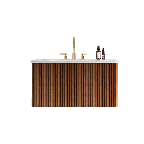 English Elm Etna Floating Wall Mounted Bathroom Vanity Walnut Grain Ceramic Sink Modern Bath W1865S00259