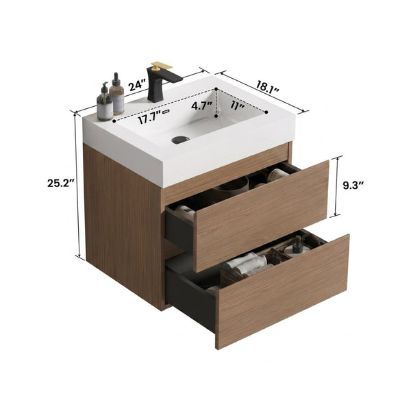 English Elm Alice 24 Inch Floating Bathroom Vanity Walnut Finish with Integrated Stone Basin W1865S00262