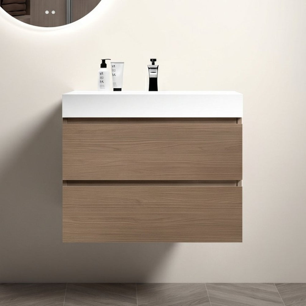 English Elm Alice 30 Inch Floating Bathroom Vanity Walnut Grain with Integrated Stone Basin and Soft Close Drawers W1865S00263