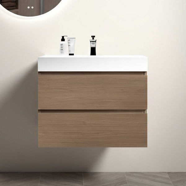 English Elm Alice 30 Inch Floating Bathroom Vanity Walnut Grain with Integrated Stone Basin and Soft Close Drawers W1865S00263