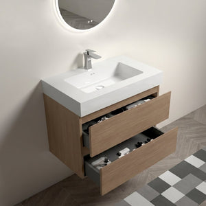 English Elm Alice 30 Inch Floating Bathroom Vanity Walnut Grain with Integrated Stone Basin and Soft Close Drawers W1865S00263