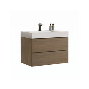 English Elm Alice 30 Inch Floating Bathroom Vanity Walnut Grain with Integrated Stone Basin and Soft Close Drawers W1865S00263