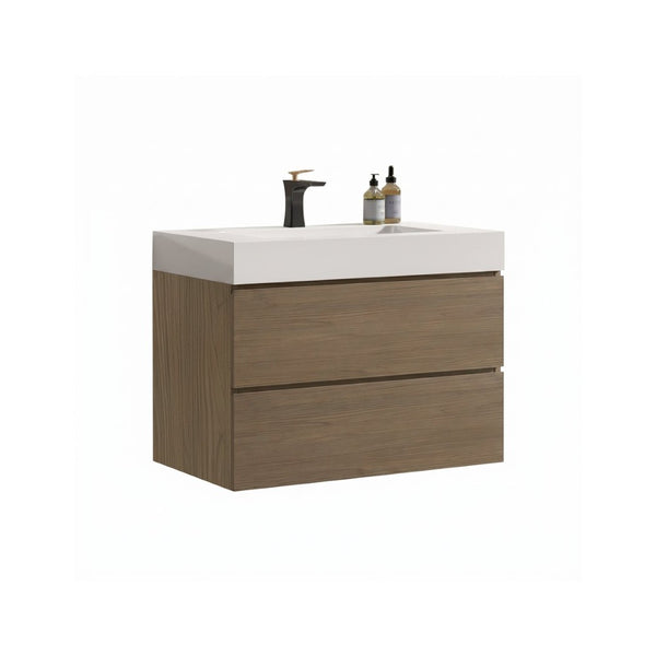 English Elm Alice 30 Inch Floating Bathroom Vanity Walnut Grain with Integrated Stone Basin and Soft Close Drawers W1865S00263