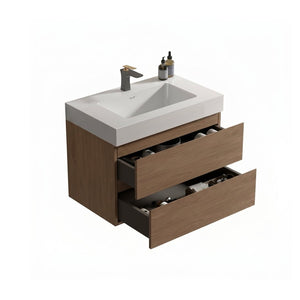 English Elm Alice 30 Inch Floating Bathroom Vanity Walnut Grain with Integrated Stone Basin and Soft Close Drawers W1865S00263