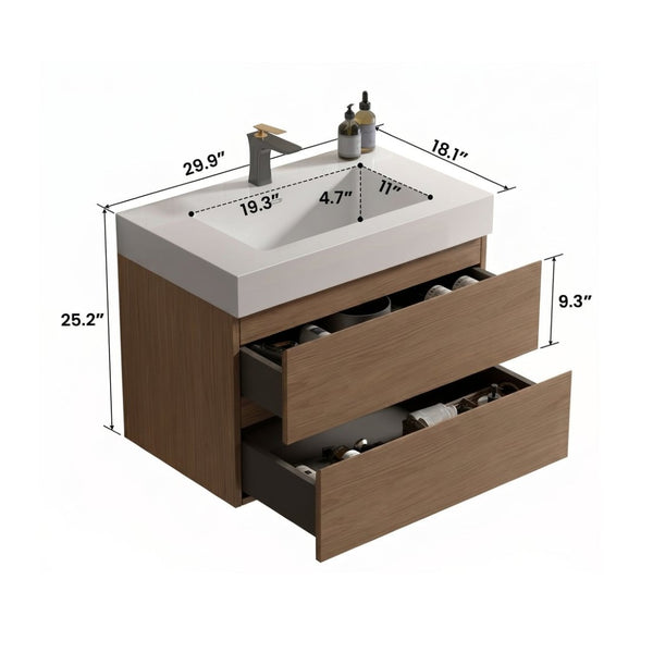 English Elm Alice 30 Inch Floating Bathroom Vanity Walnut Grain with Integrated Stone Basin and Soft Close Drawers W1865S00263
