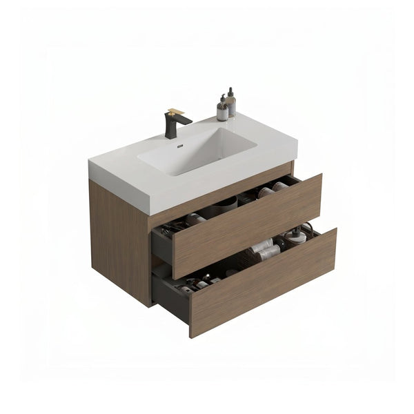 English Elm Alice 36 Inch Floating Bathroom Vanity Walnut Finish with Engineered Stone Basin W1865S00264