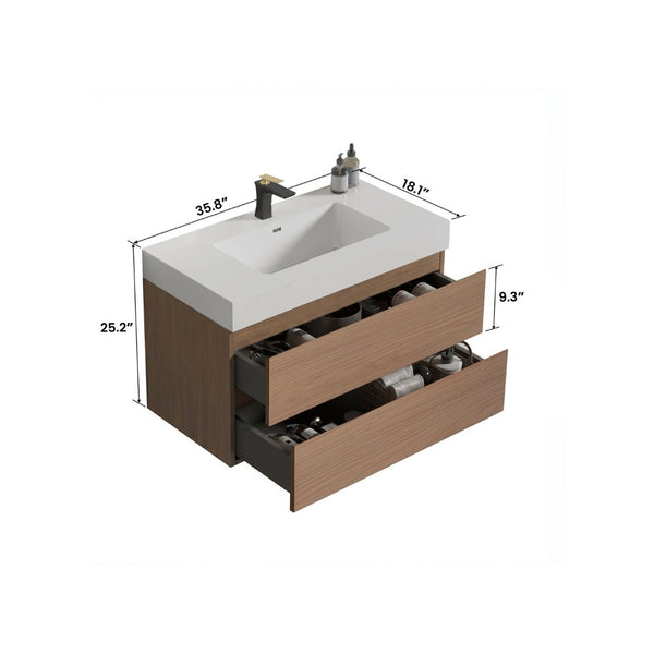 English Elm Alice 36 Inch Floating Bathroom Vanity Walnut Finish with Engineered Stone Basin W1865S00264