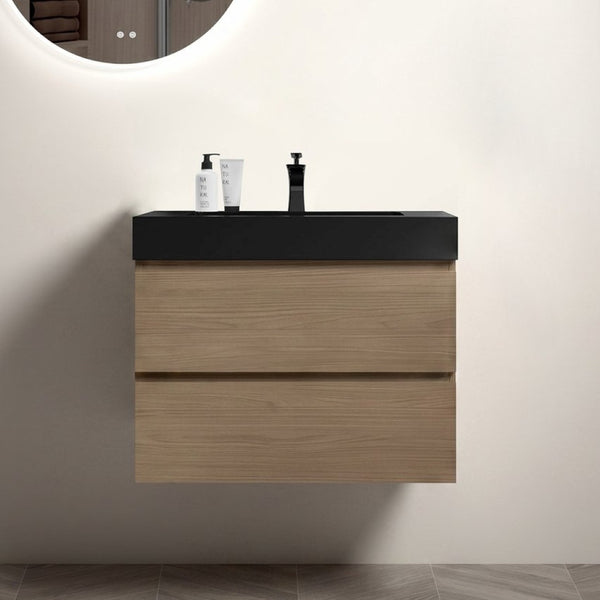 English Elm Alice Floating Bathroom Vanity Walnut Finish Integrated Stone Basin Soft-Close Drawers W1865S00266