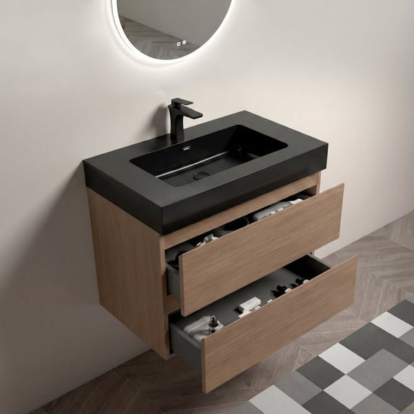 English Elm Alice Floating Bathroom Vanity Walnut Finish Integrated Stone Basin Soft-Close Drawers W1865S00266