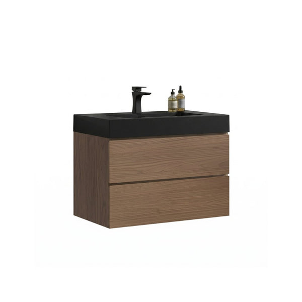 English Elm Alice Floating Bathroom Vanity Walnut Finish Integrated Stone Basin Soft-Close Drawers W1865S00266