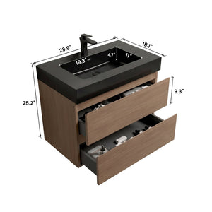 English Elm Alice Floating Bathroom Vanity Walnut Finish Integrated Stone Basin Soft-Close Drawers W1865S00266