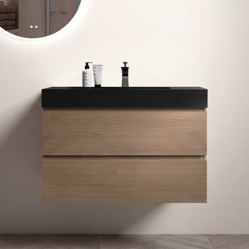English Elm Alice 36 Inch Floating Bathroom Vanity Walnut Finish with Integrated Black Stone Basin W1865S00267