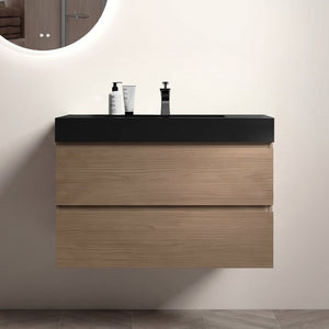 English Elm Alice 36 Inch Floating Bathroom Vanity Walnut Finish with Integrated Black Stone Basin W1865S00267