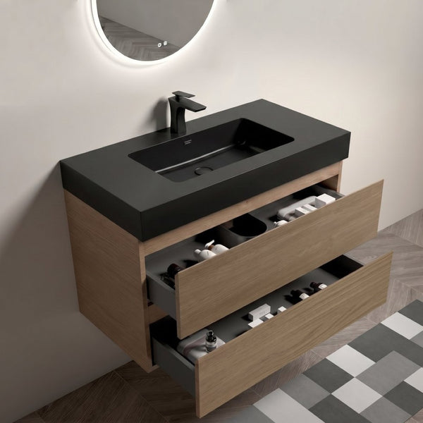 English Elm Alice 36 Inch Floating Bathroom Vanity Walnut Finish with Integrated Black Stone Basin W1865S00267