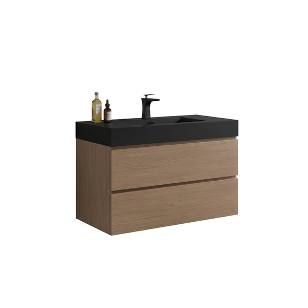 English Elm Alice 36 Inch Floating Bathroom Vanity Walnut Finish with Integrated Black Stone Basin W1865S00267