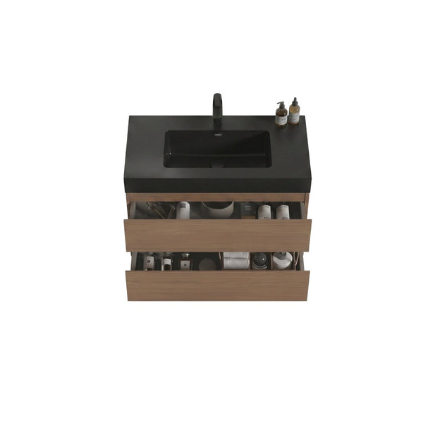 English Elm Alice 36 Inch Floating Bathroom Vanity Walnut Finish with Integrated Black Stone Basin W1865S00267
