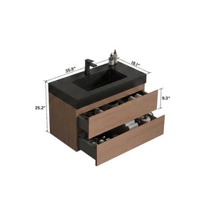 English Elm Alice 36 Inch Floating Bathroom Vanity Walnut Finish with Integrated Black Stone Basin W1865S00267