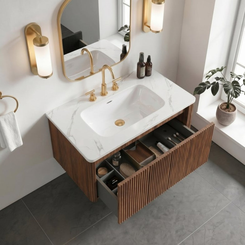 English Elm Etna Floating Bathroom Vanity Walnut Texture Finish with Integrated Ceramic Sink Modern W1865S00268