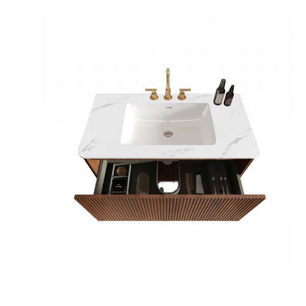English Elm Etna Floating Bathroom Vanity Walnut Texture Finish with Integrated Ceramic Sink Modern W1865S00268