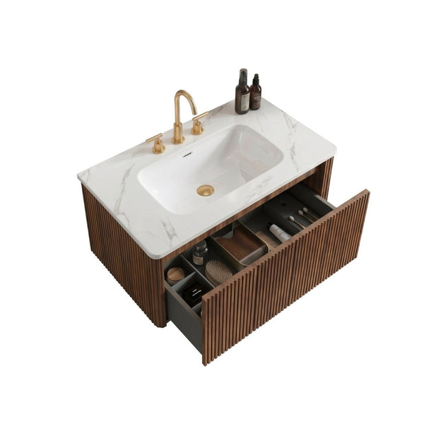 English Elm Etna Floating Bathroom Vanity Walnut Texture Finish with Integrated Ceramic Sink Modern W1865S00268