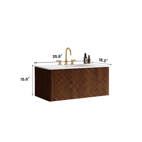 English Elm Etna Floating Bathroom Vanity Walnut Texture Finish with Integrated Ceramic Sink Modern W1865S00268