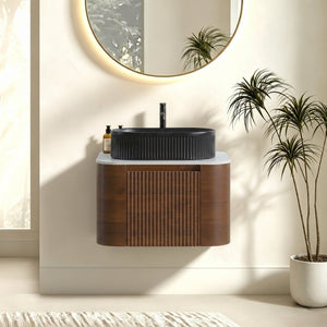 English Elm Erba 24 Inch Fluted Wall Mount Bathroom Vanity with Oval Ceramic Sink and Towel Rack Walnut Black W1865S00269