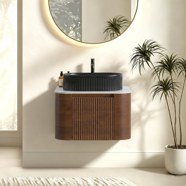 English Elm Erba 24 Inch Fluted Wall Mount Bathroom Vanity with Oval Ceramic Sink and Towel Rack Walnut Black W1865S00269
