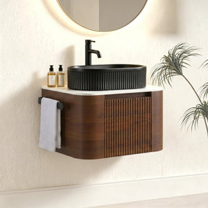 English Elm Erba 24 Inch Fluted Wall Mount Bathroom Vanity with Oval Ceramic Sink and Towel Rack Walnut Black W1865S00269