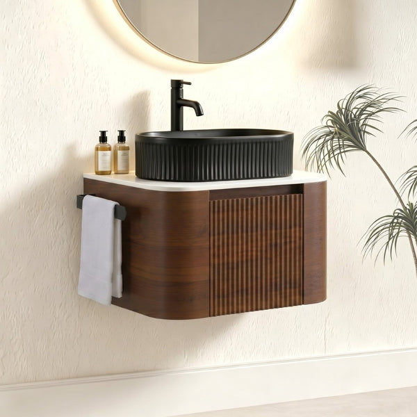 English Elm Erba 24 Inch Fluted Wall Mount Bathroom Vanity with Oval Ceramic Sink and Towel Rack Walnut Black W1865S00269