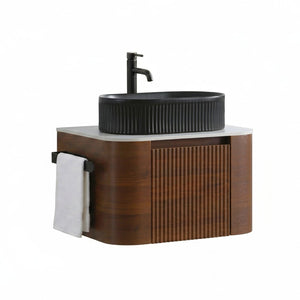 English Elm Erba 24 Inch Fluted Wall Mount Bathroom Vanity with Oval Ceramic Sink and Towel Rack Walnut Black W1865S00269