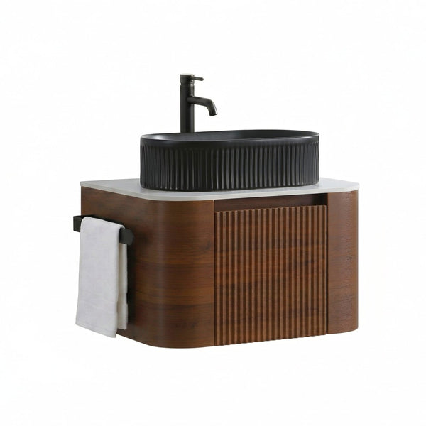 English Elm Erba 24 Inch Fluted Wall Mount Bathroom Vanity with Oval Ceramic Sink and Towel Rack Walnut Black W1865S00269