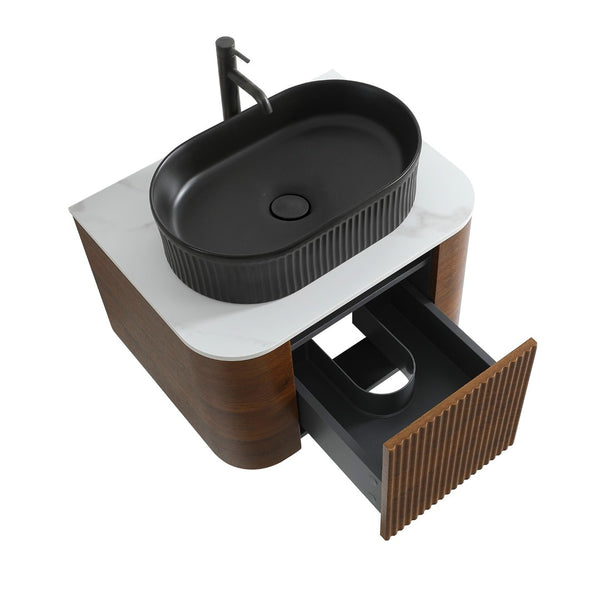 English Elm Erba 24 Inch Fluted Wall Mount Bathroom Vanity with Oval Ceramic Sink and Towel Rack Walnut Black W1865S00269