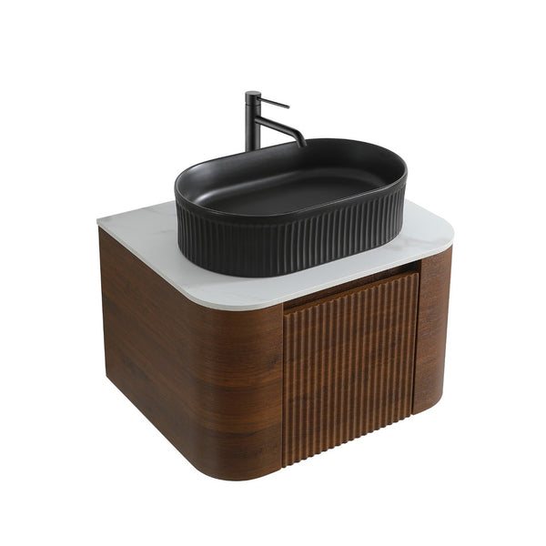 English Elm Erba 24 Inch Fluted Wall Mount Bathroom Vanity with Oval Ceramic Sink and Towel Rack Walnut Black W1865S00269