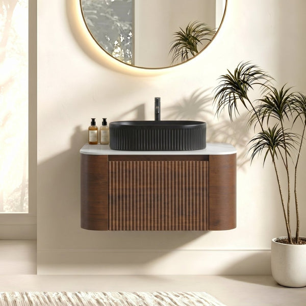 English Elm Erba 30 Inch Fluted Wall Mount Bathroom Vanity with Ceramic Basin and Soft Close Storage Walnut Black W1865S00270