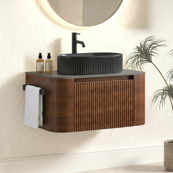 English Elm Erba 30 Inch Fluted Wall Mount Bathroom Vanity with Ceramic Basin and Soft Close Storage Walnut Black W1865S00270
