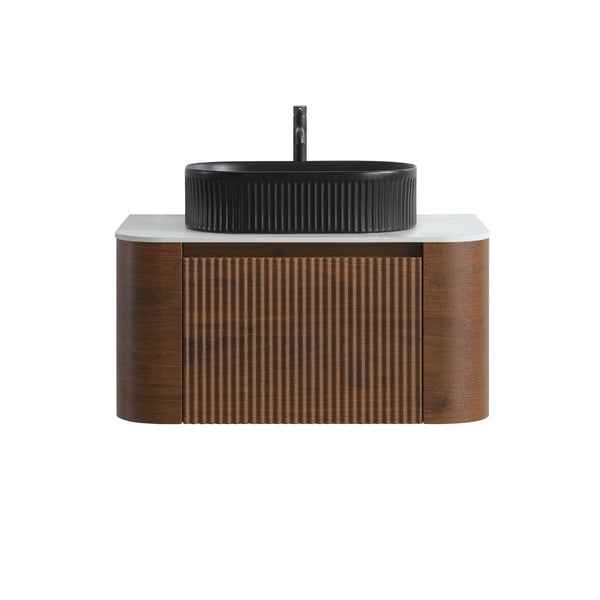 English Elm Erba 30 Inch Fluted Wall Mount Bathroom Vanity with Ceramic Basin and Soft Close Storage Walnut Black W1865S00270