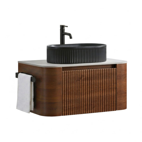 English Elm Erba 30 Inch Fluted Wall Mount Bathroom Vanity with Ceramic Basin and Soft Close Storage Walnut Black W1865S00270