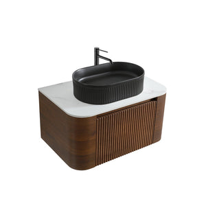 English Elm Erba 30 Inch Fluted Wall Mount Bathroom Vanity with Ceramic Basin and Soft Close Storage Walnut Black W1865S00270