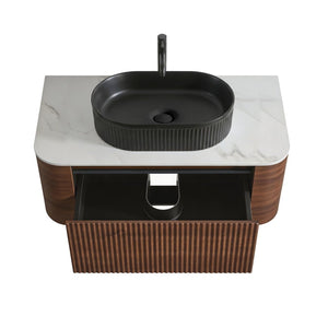 English Elm Erba 30 Inch Fluted Wall Mount Bathroom Vanity with Ceramic Basin and Soft Close Storage Walnut Black W1865S00270