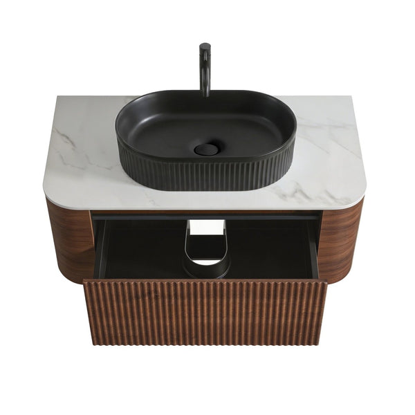 English Elm Erba 30 Inch Fluted Wall Mount Bathroom Vanity with Ceramic Basin and Soft Close Storage Walnut Black W1865S00270