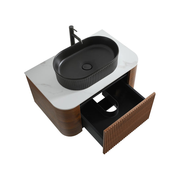 English Elm Erba 30 Inch Fluted Wall Mount Bathroom Vanity with Ceramic Basin and Soft Close Storage Walnut Black W1865S00270